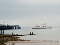 Llandudno. The coastal pleasure ship Balmoral approaching Llandudno pier. 