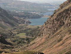 Looking down the Llanberis Pass from the PYG track showing Llyn Peris and Llyn Padarn. 