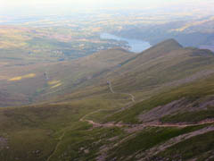 The Llanberis Path showing Llanberis in the far distance and the Halfway Cafe in the middle distance. 